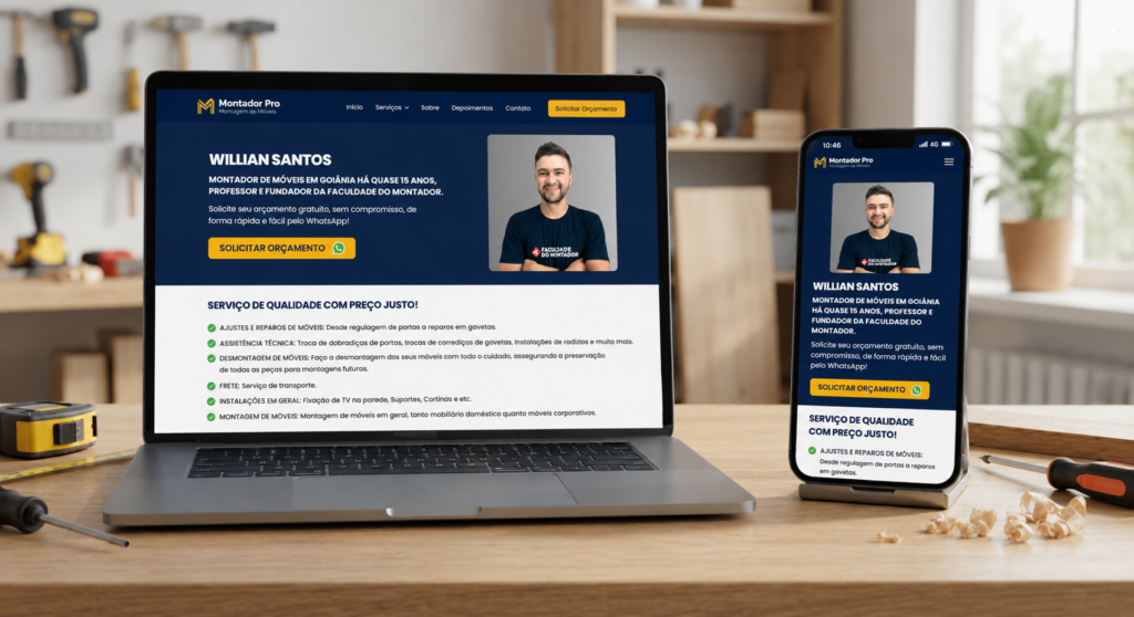 Montador de móveis criando site profissional pela Montador Pro